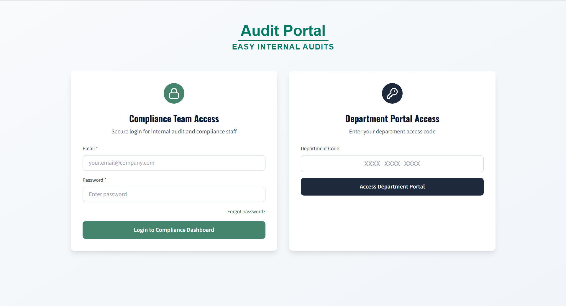 Compliance and department login screen