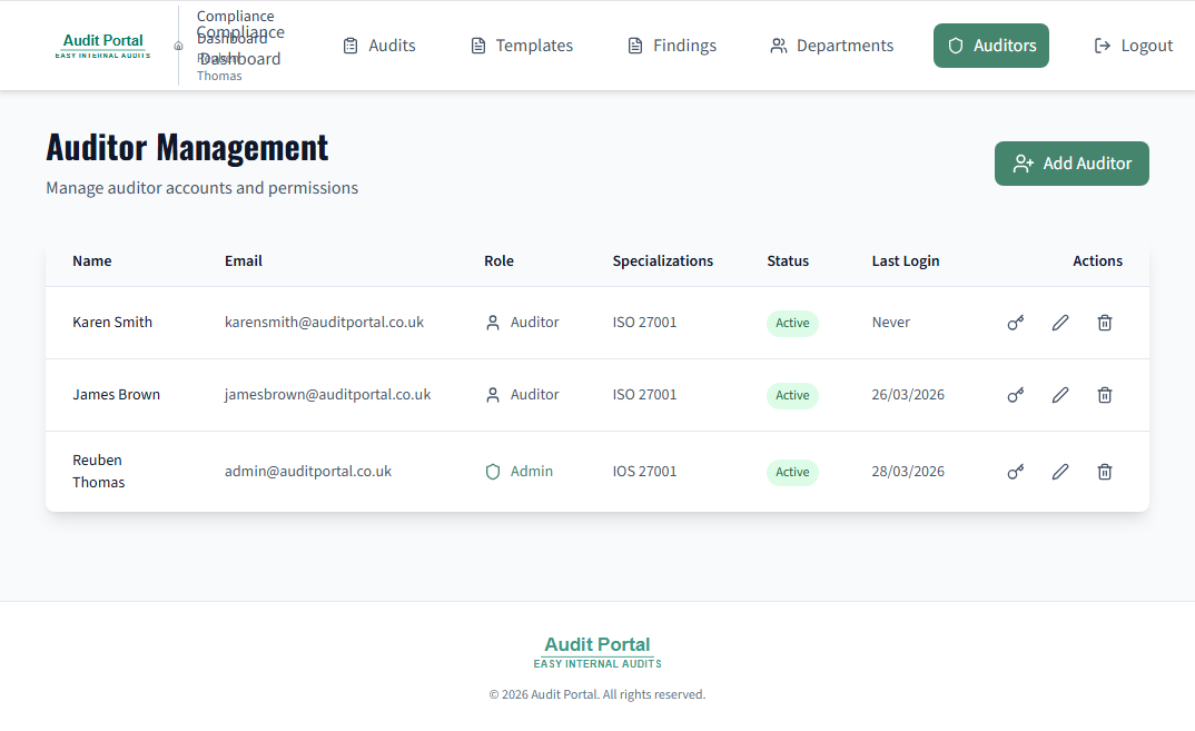 Auditor management table